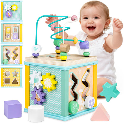 Alab Wooden Activity Cube toy for babies featuring bead maze, shape sorter, and sensory elements for educational play.