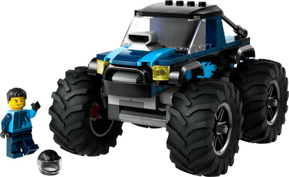 LEGO City blue monster truck toy with driver minifigure, ideal for kids aged 5 and up, set on a racetrack background.