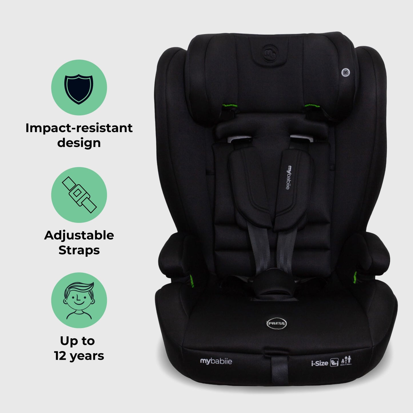 My Babiie MBCS75 Toddler to Booster R129 Child Car Seat - ISOFIX with Top Tether, Harness, 76-150cm (Approx. 9-36kg, 15 Months - 12 Years), i-Size, Group 1/2/3, Adjustable, Forward Facing - Black