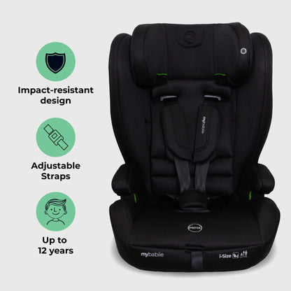 My Babiie MBCS75 Toddler to Booster R129 Child Car Seat - ISOFIX with Top Tether, Harness, 76-150cm (Approx. 9-36kg, 15 Months - 12 Years), i-Size, Group 1/2/3, Adjustable, Forward Facing - Black