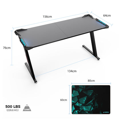 EUREKA ERGONOMIC Gaming Desk with Led Lights 156×64cm Large RGB Ergonomic Gaming Computer Desk for Home Office Work Study Writing with Mouse Pad, Easy to Assemble, Carbon Fiber Black