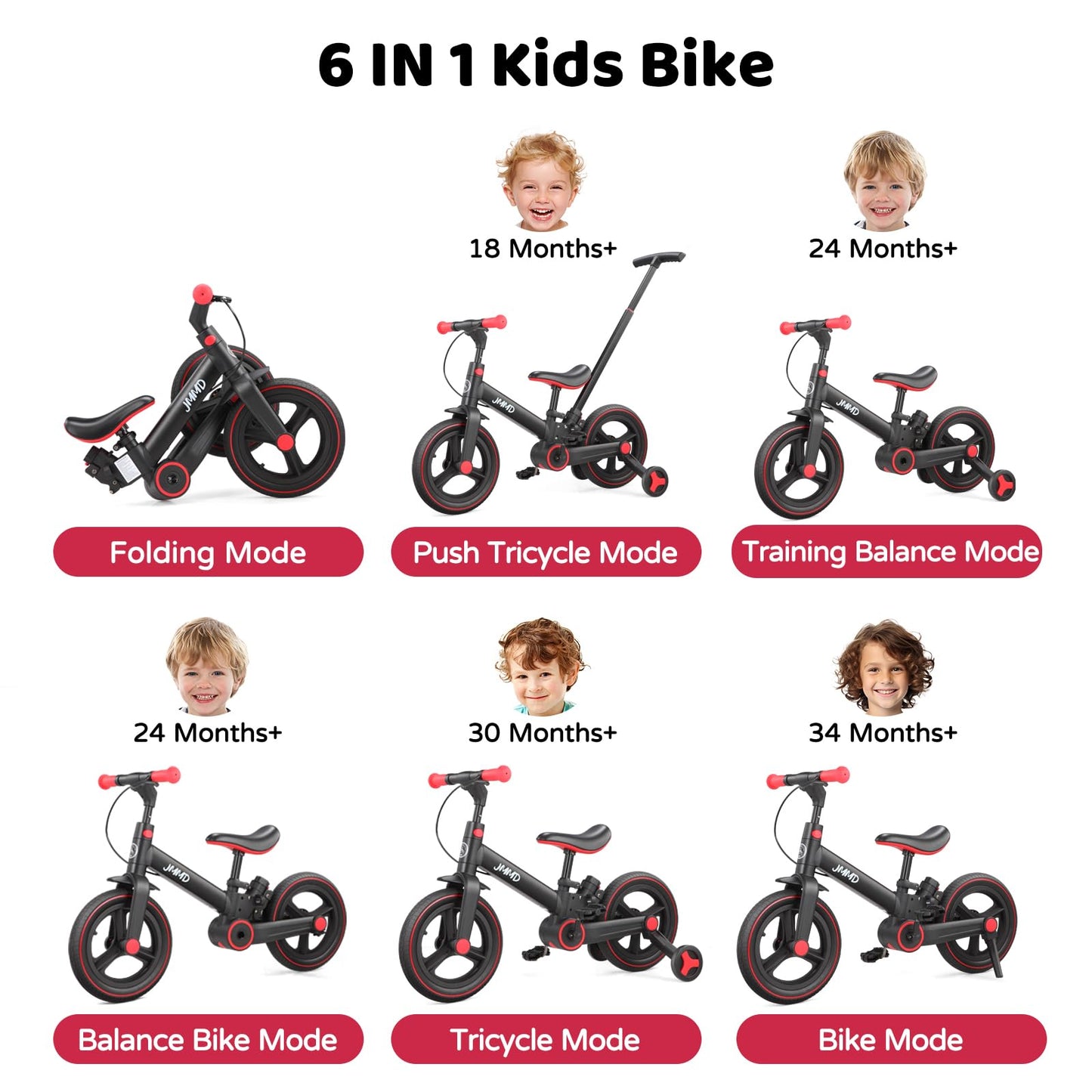 JMMD 6-in-1 toddler bike with training wheels, pedals, and adjustable parent handle for kids aged 18 months to 5 years.