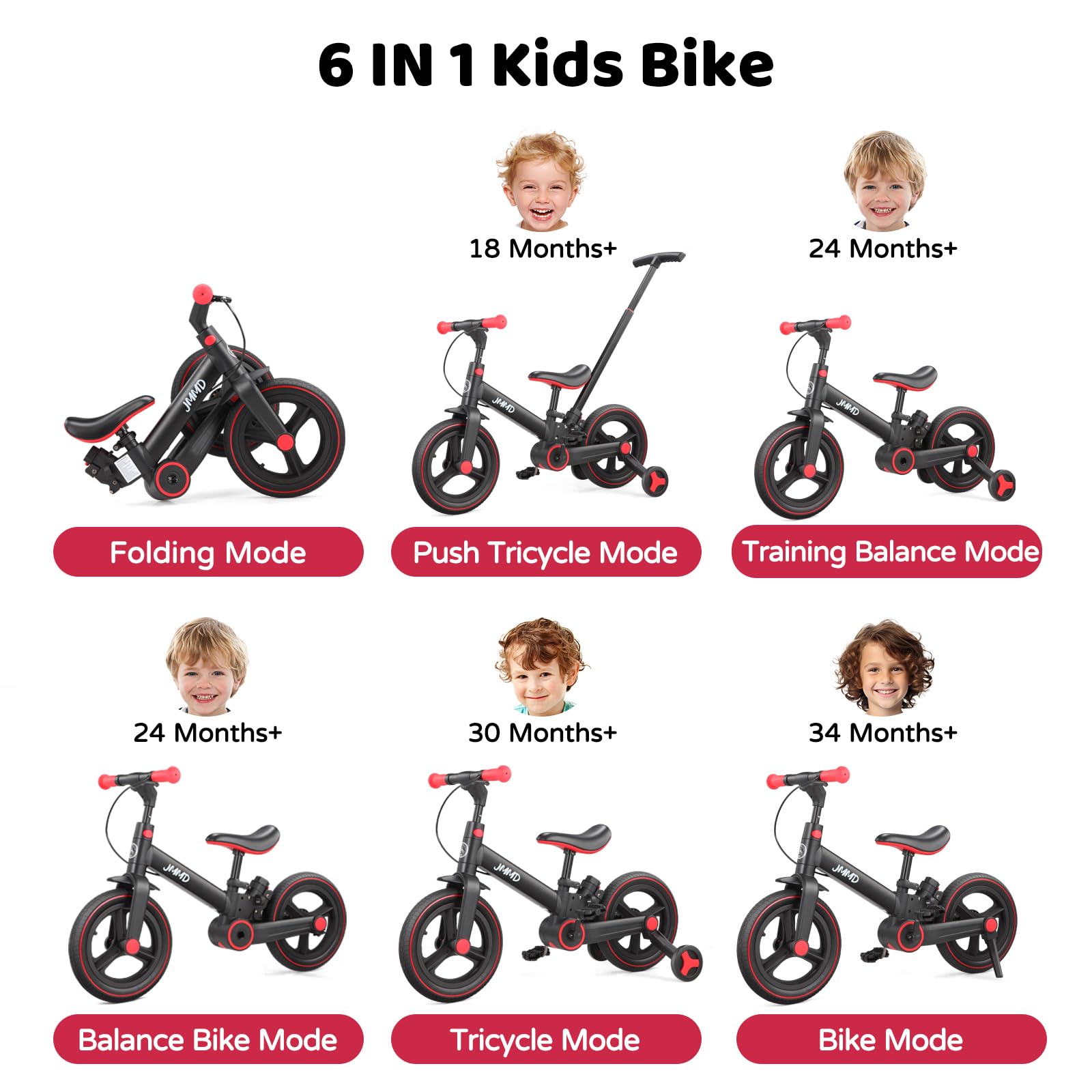 JMMD 6-in-1 toddler bike with training wheels, pedals, and adjustable parent handle for kids aged 18 months to 5 years.