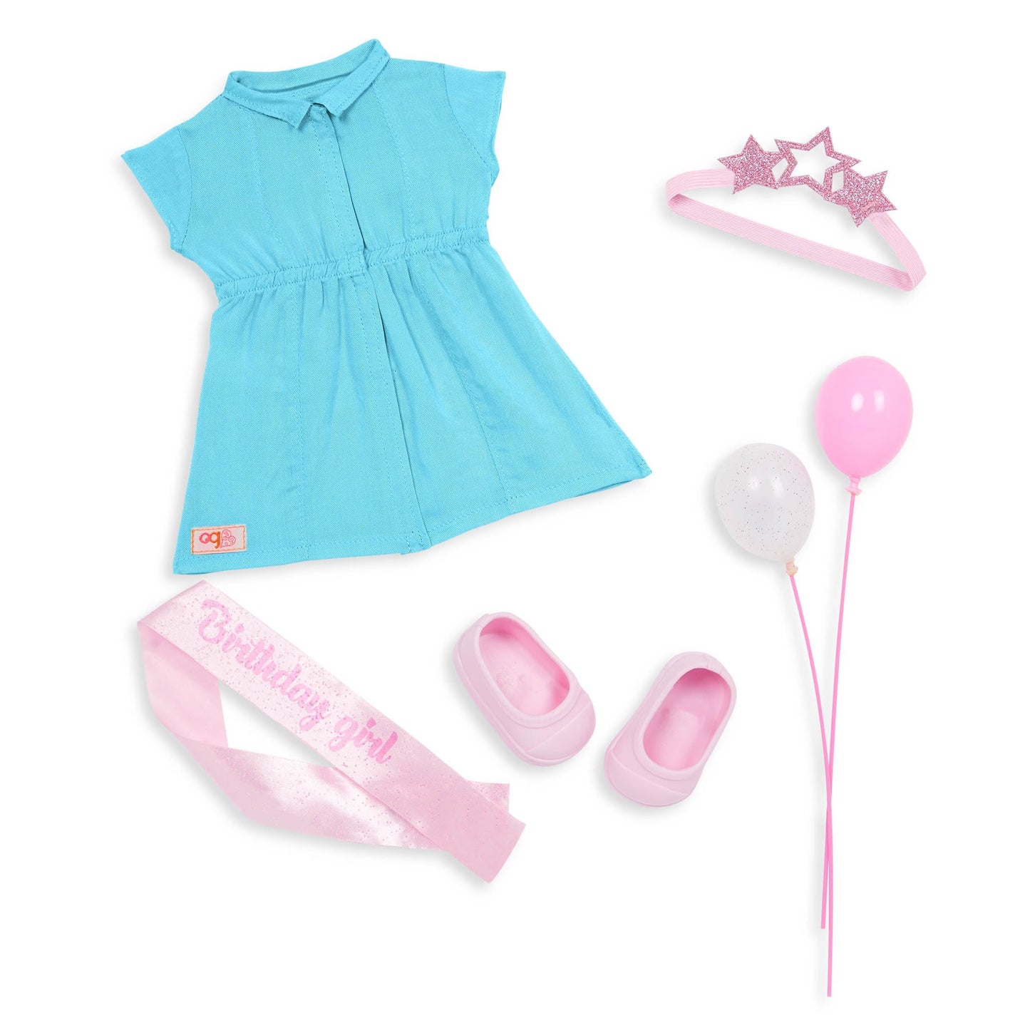 18-inch Our Generation Anita girl doll with birthday balloons and tiara, featuring a 7-piece clothing and accessory set.