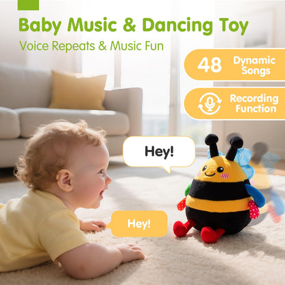 hahaland 4-IN-1 Dancing Bee Baby Toys 6 to 12 Months Boys & Girls Montessori Plush Interactive Sensory Tummy Time Toys, Musical Crawling Walking and Speaking Learning Gifts