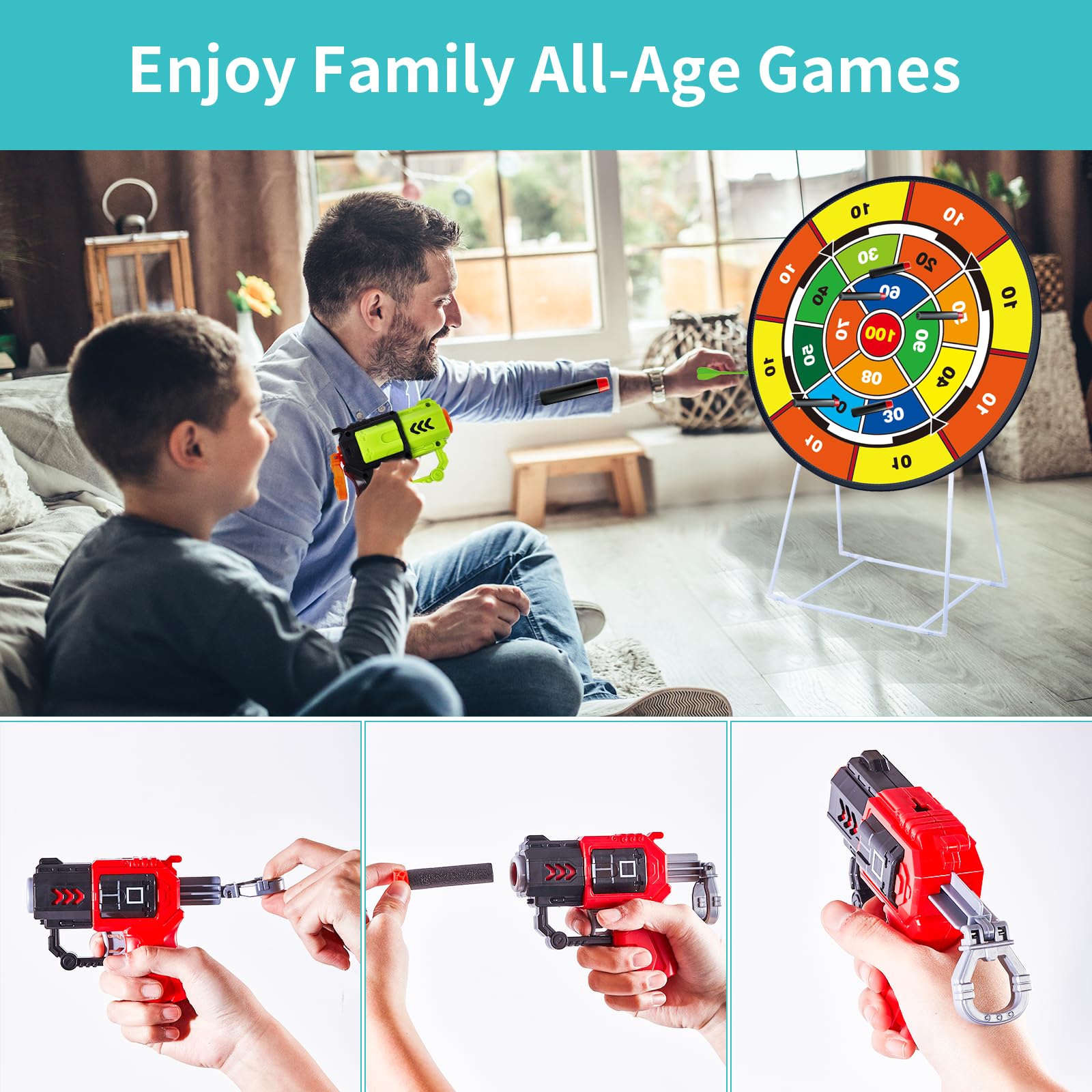 NAFONRU double-sided dart board garden game for kids, 29-inch standing and hanging dartboard with toy guns for indoor outdoor fun.