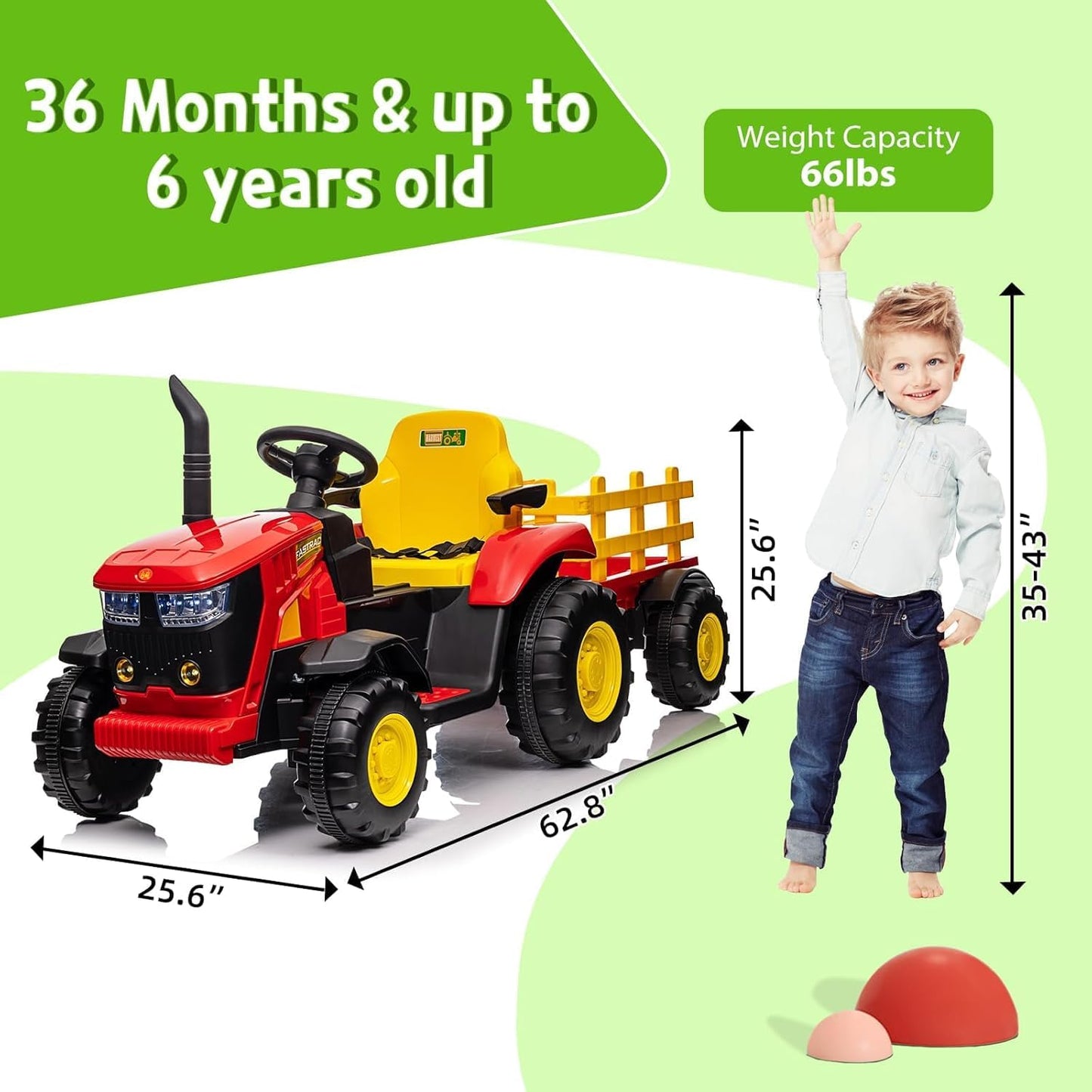 Kids Ride on Tractor with Detachable Trailer, 12V Battery Powered Electric Tractor with Remote Control, Dual Motors, Horn, Music/USB, 7 LED Lights, Ride on Toy Car for Ages 3+ (Red)