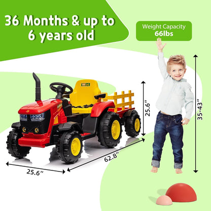 Kids Ride on Tractor with Detachable Trailer, 12V Battery Powered Electric Tractor with Remote Control, Dual Motors, Horn, Music/USB, 7 LED Lights, Ride on Toy Car for Ages 3+ (Red)