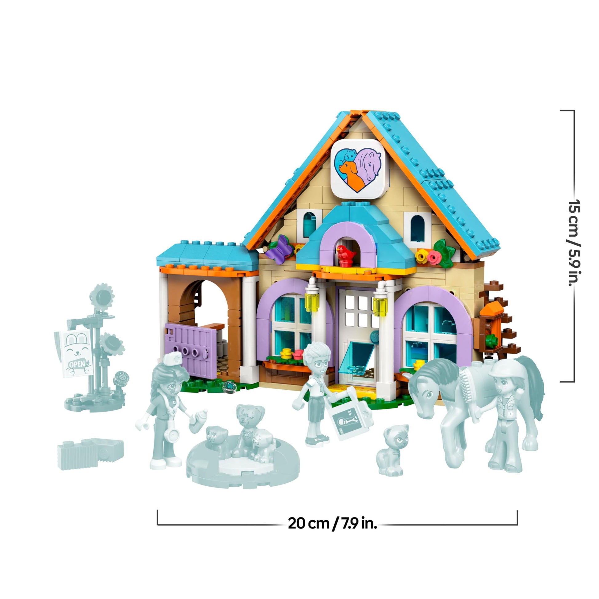 LEGO Friends Horse and Pet Vet Clinic with horse, cat, dog figures, mini dolls, stable, and accessories for creative play.