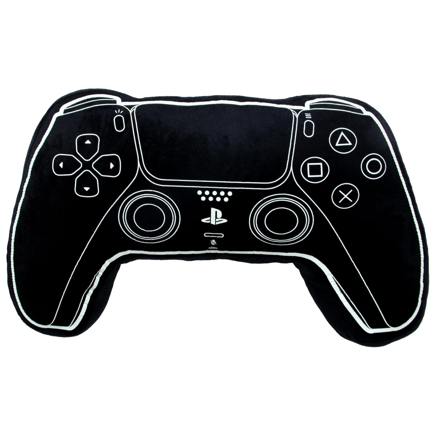 Black PlayStation officially licensed controller-shaped cushion pillow, glow-in-the-dark plush for bedroom or gaming decor.