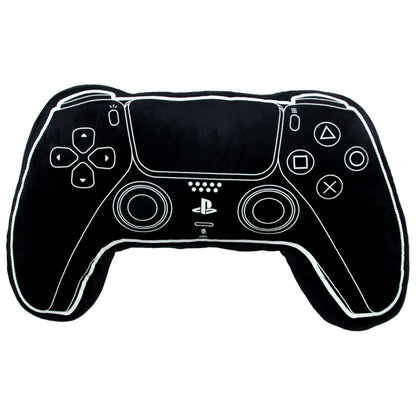 Black PlayStation officially licensed controller-shaped cushion pillow, glow-in-the-dark plush for bedroom or gaming decor.