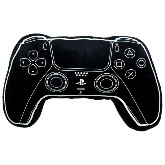 Black PlayStation officially licensed controller-shaped cushion pillow, glow-in-the-dark plush for bedroom or gaming decor.