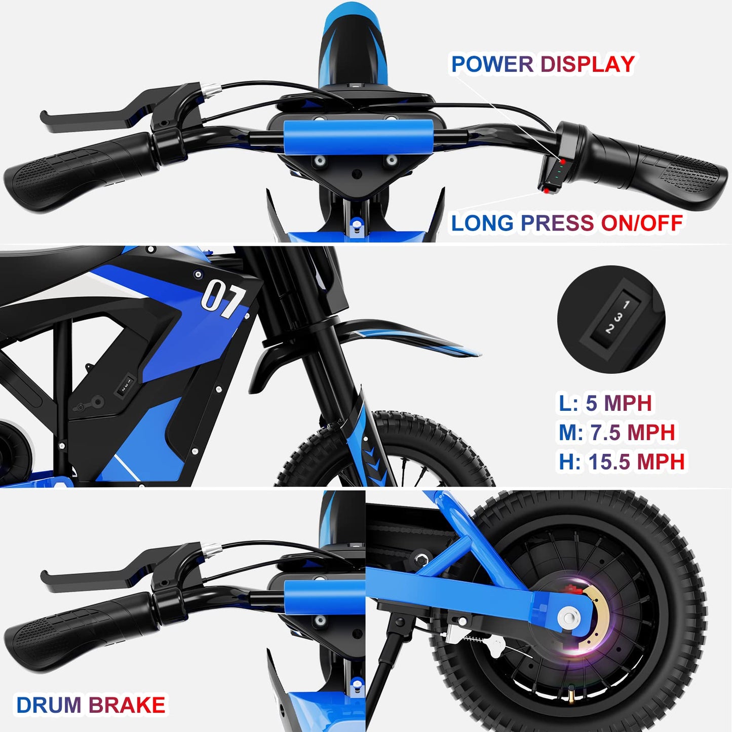 EVERCROSS EV12M Kids Ride On Motorcycle, Electric Motorcycle with 300W Motor, 5/7.5/15.5 MPH Speed Modos, 9.3Miles Long-Range, 12'' Pneumatic Tire, Motor Cross for Ages 3-12 Children
