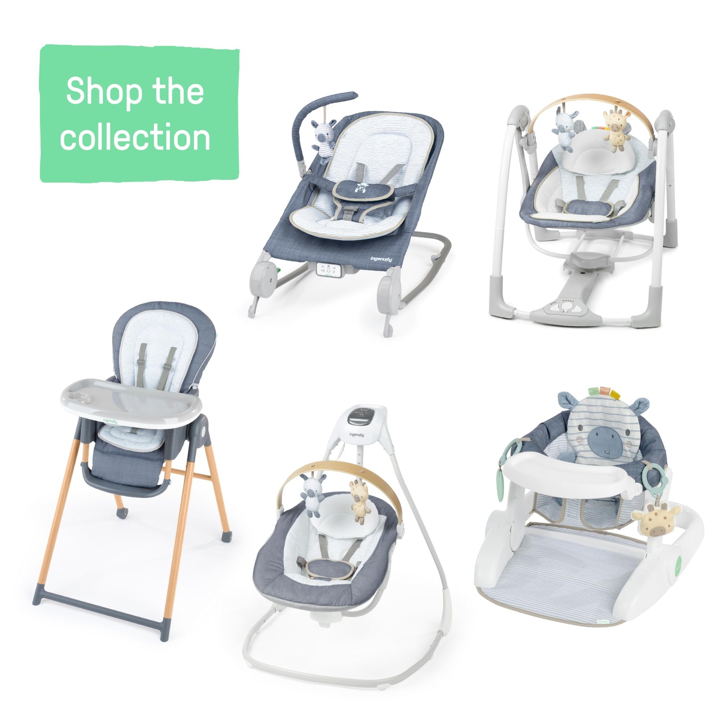 Ingenuity Swing n Go Portable Swing, Removable Sustainably Sourced Wood Toy Bar, 5-Speed, for Ages 0-9 Months, Up to 20 Pounds, Chambray