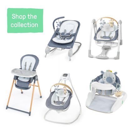 Ingenuity Swing n Go Portable Swing, Removable Sustainably Sourced Wood Toy Bar, 5-Speed, for Ages 0-9 Months, Up to 20 Pounds, Chambray