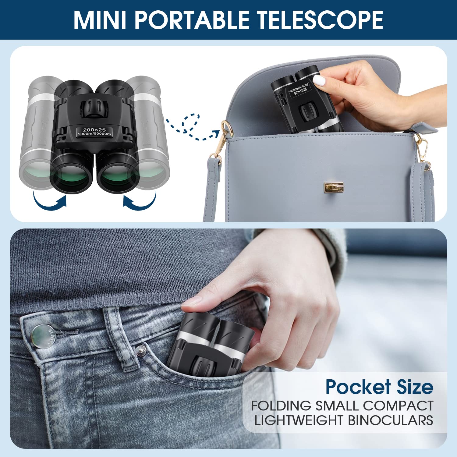 Compact FLYANT 200x25 binoculars for adults and kids, portable mini binoculars ideal for travel, bird watching, and outdoor activities.