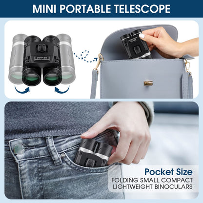 Compact FLYANT 200x25 binoculars for adults and kids, portable mini binoculars ideal for travel, bird watching, and outdoor activities.