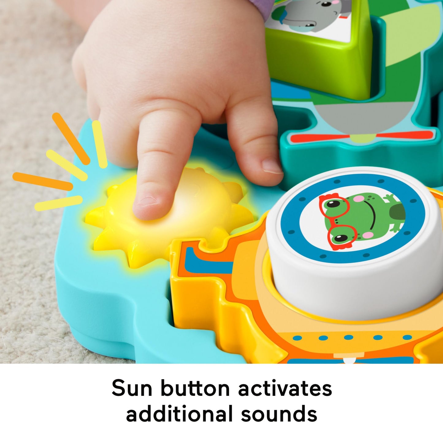 Fisher-Price baby sorting toy with colorful vehicle puzzle, shape blocks, sounds, lights, and music for fine motor skill development.
