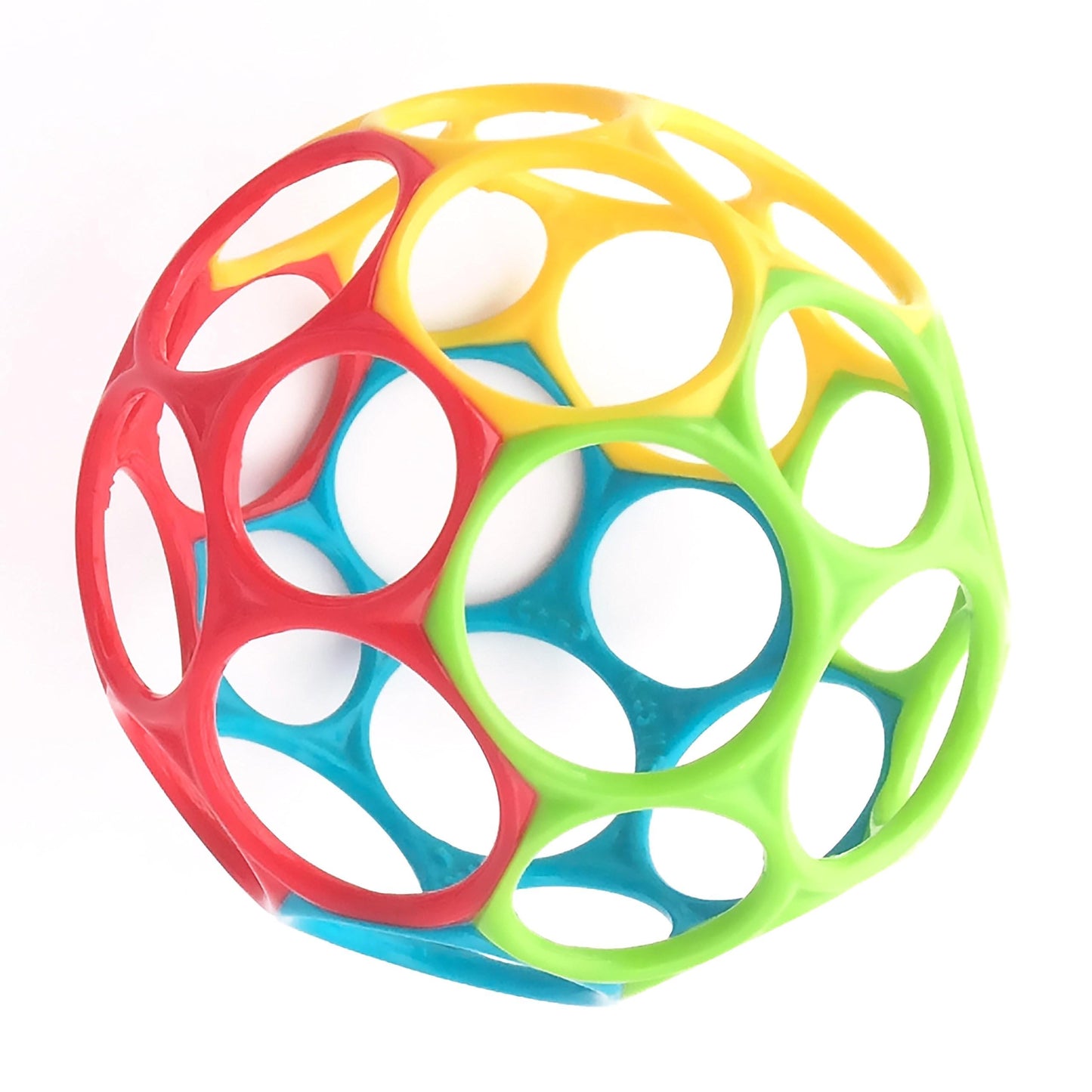 Bright Starts Oball Easy Grasp Classic Ball toy in red, yellow, green, and blue, 4 inches, designed for infants.