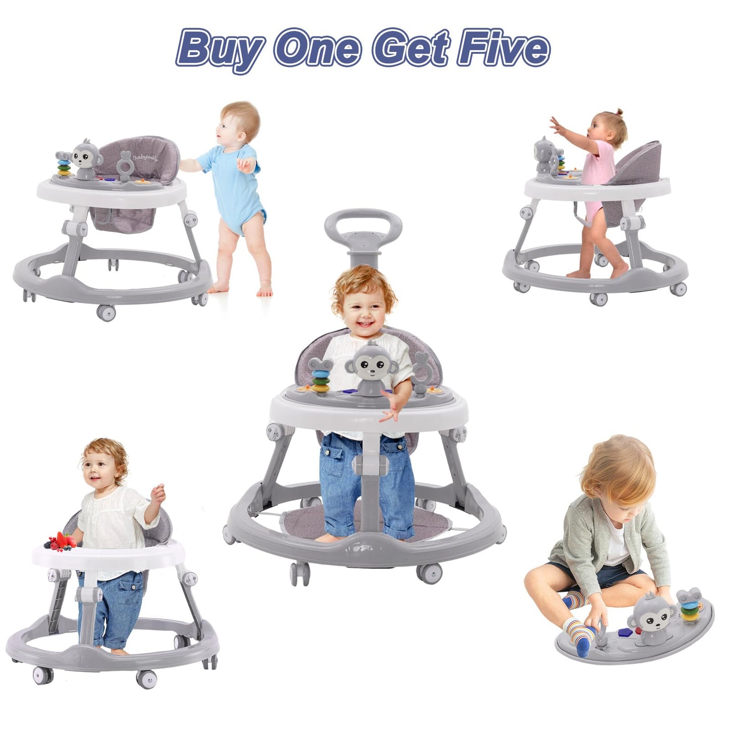 Maycoly foldable 3-in-1 baby walker with seat, foot pads, light, sound, adjustable height, and anti-rollover safety features.