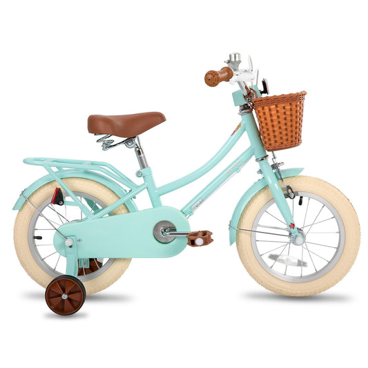 Mint green STITCH 14 inch kids bike for girls, featuring a basket and stabilisers, suitable for ages 3 to 5.
