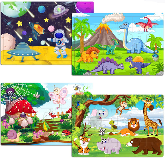 Wooden Jigsaw Puzzles for Kids 3-6 Year Olds -Space Dinosaur Animals 30 Piece Puzzle Toys -Toddler Children Learning Educational Puzzle Toys for Set for Kids 3 4 5 6 Year Old(4 Puzzles)