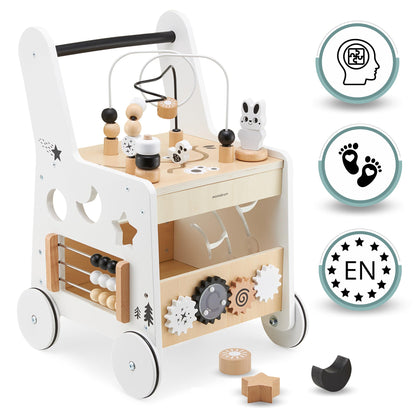 Mamabrum wooden baby walker with wheels, featuring shape sorter, bead mazes, gears, abacus, stacking blocks, and push-along toy for 12+ months.