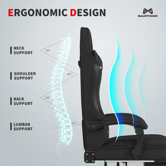 Gamtimer Gaming Chair with Footrest, Ergonomic Computer Chair, PU Breathable Material with Headrest and Lumbar Support, Suitable for Silla Gamer and Adults(BLACK)