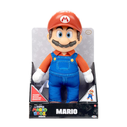Nintendo Super Mario Bros. plush toy, 14-inch poseable Mario with realistic eyes and fully articulated limbs.