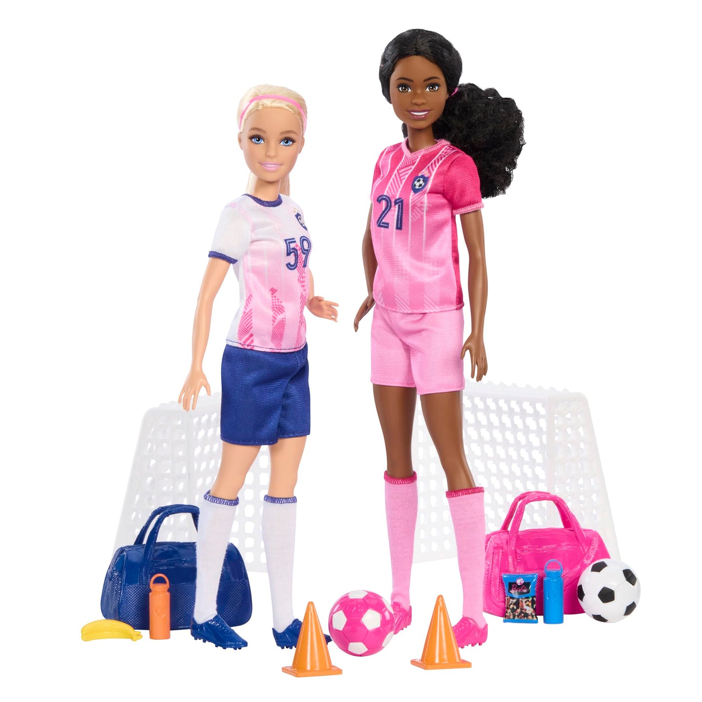 Barbie Careers soccer playset with 2 fashion dolls, accessories, nets, featuring blonde Barbie Brooklyn in a soccer uniform.