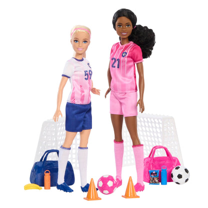 Barbie Careers soccer playset with 2 fashion dolls, accessories, nets, featuring blonde Barbie Brooklyn in a soccer uniform.