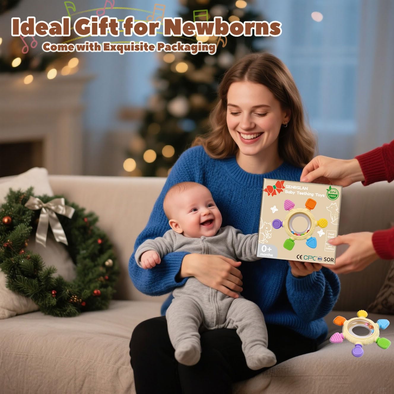 SENBSLAN silicone baby rattle teether, colorful sensory design for infants 0-12 months, BPA-free and safe for teething.