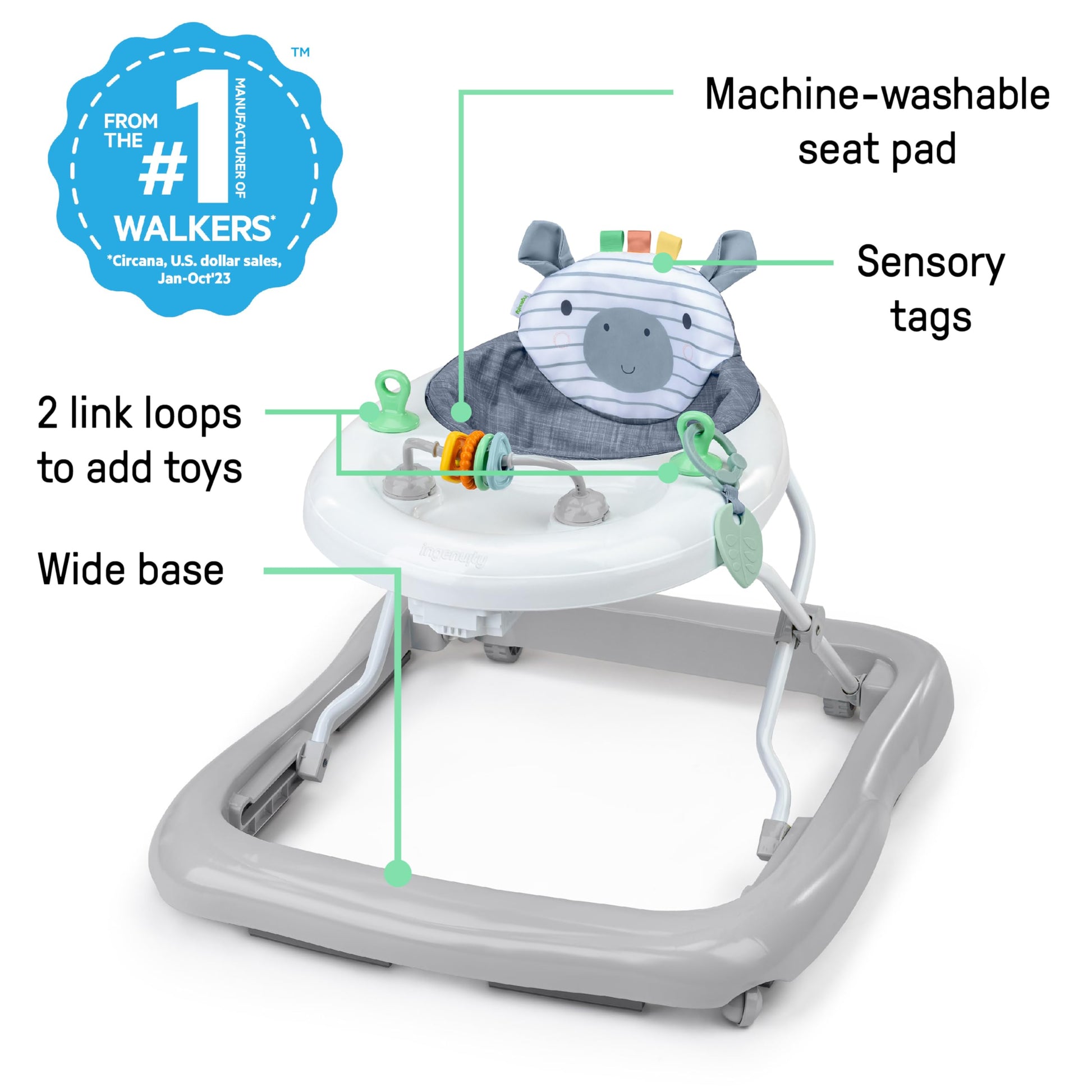 Ingenuity Smooth Strides Activity Walker in chambray with toys, 3-position height bar, suitable for 6-12 months, developmental baby walker