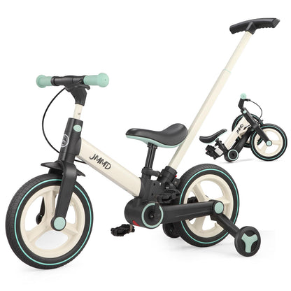 JMMD 6-in-1 Toddler Bike with Training Wheels and Pedals, 12 inch Convertible and Foldable Balance Bike & Pedal Bike with Adjustable Parent Handle, Kickstand, Brakes for kids, Age 18 Months-5 Years