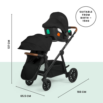 Ickle Bubba Virgo Growing Family 11 Piece Pram – Single to Double Tandem Pushchair with Carrycot, Footmuffs, Rain Covers & Accessories, Suitable from Birth (Black)