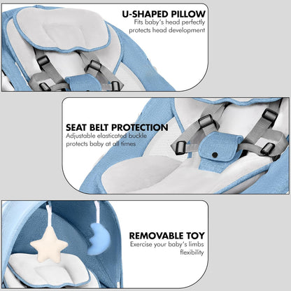 Baby Bouncer, Portable Electric Baby Swing with Bluetooth, 5 Swing Speed, 3-Stage Timer, 5-Point Harness, Remote Control & Touch Panel, Bouncer from Birth with 2 Soft Toys & Soft Pillow (Blue)