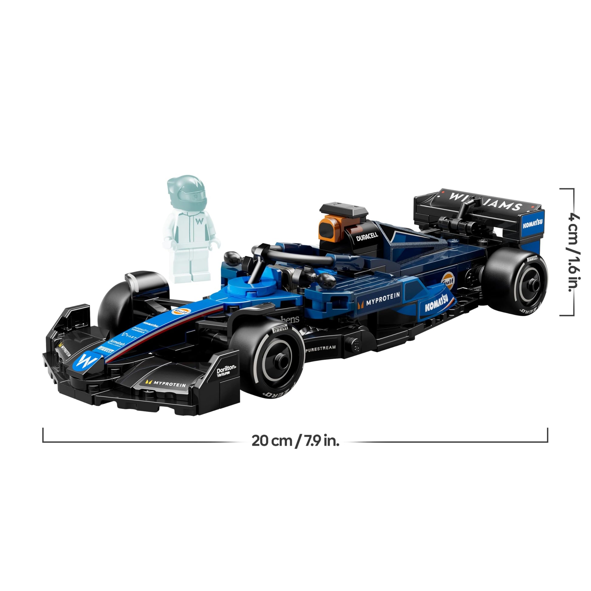 LEGO Speed Champions Williams Racing FW46 F1 race car toy with collectible driver minifigure, ideal for motorsport fans.