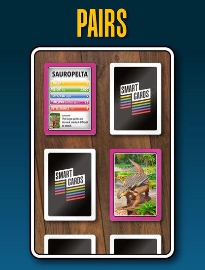 SMART CARDS Dinosaurs, Gift, Stocking Filler, Travel Card Game, 7 games in 1, Pairs, Snap, Trumps, Rummy, Memory Quiz, Trivia, Age 5+, 1-8 Players