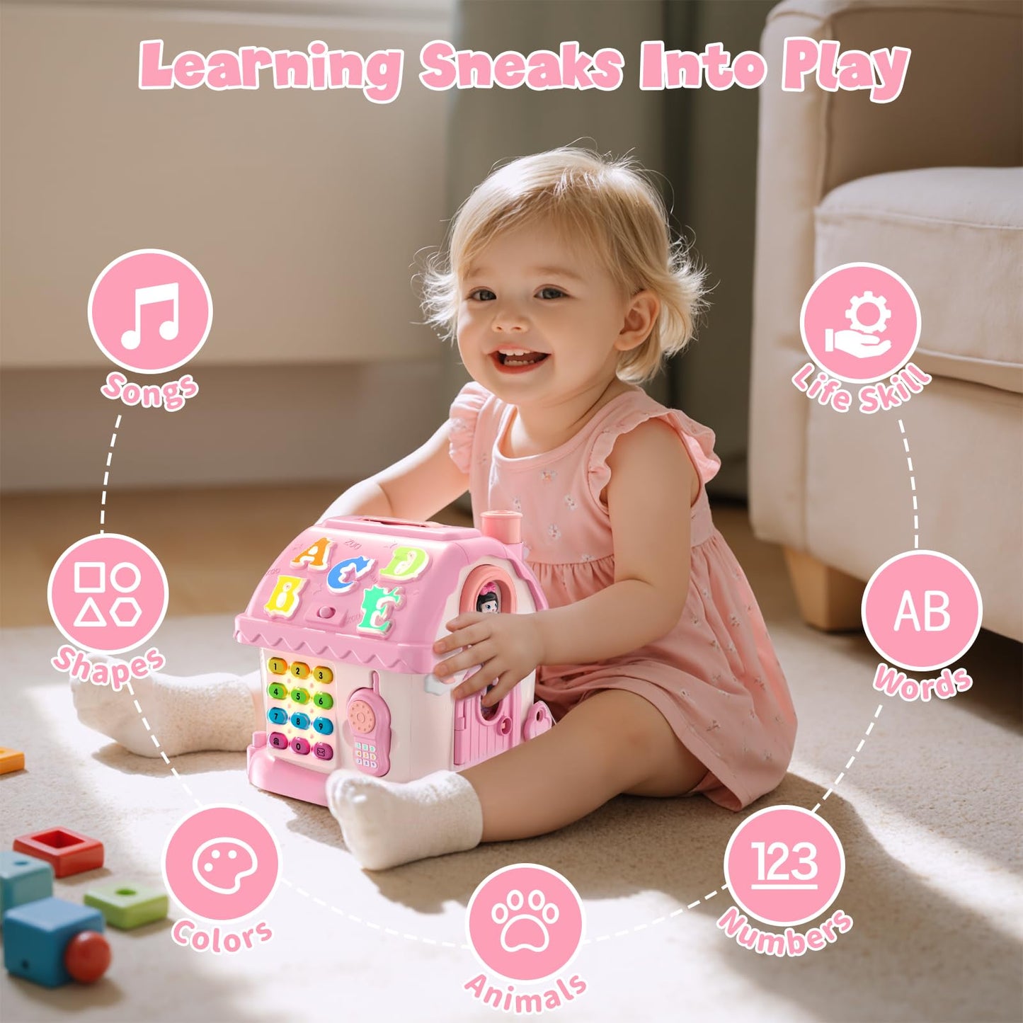 HYES Toys for 1 Year Old Girls, Montessori Educational Toy, 8 in 1 Multi Function Activity House Baby Toy with Music/Car/Clock/Phone/Light, Sensory Toys Birthday Gifts for Baby 1-2 Years