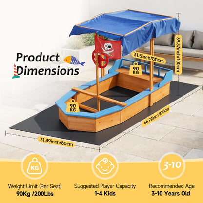 Warmiehomy Sand Pit With Lid For Toddlers Age 3-10 Wooden Kids, Pirate Ship Sand Boat With Canopy Liner Flag, Shell SandPit Outdoor Kids For Garden Backyard Creative Fun Gift For 3+ Years
