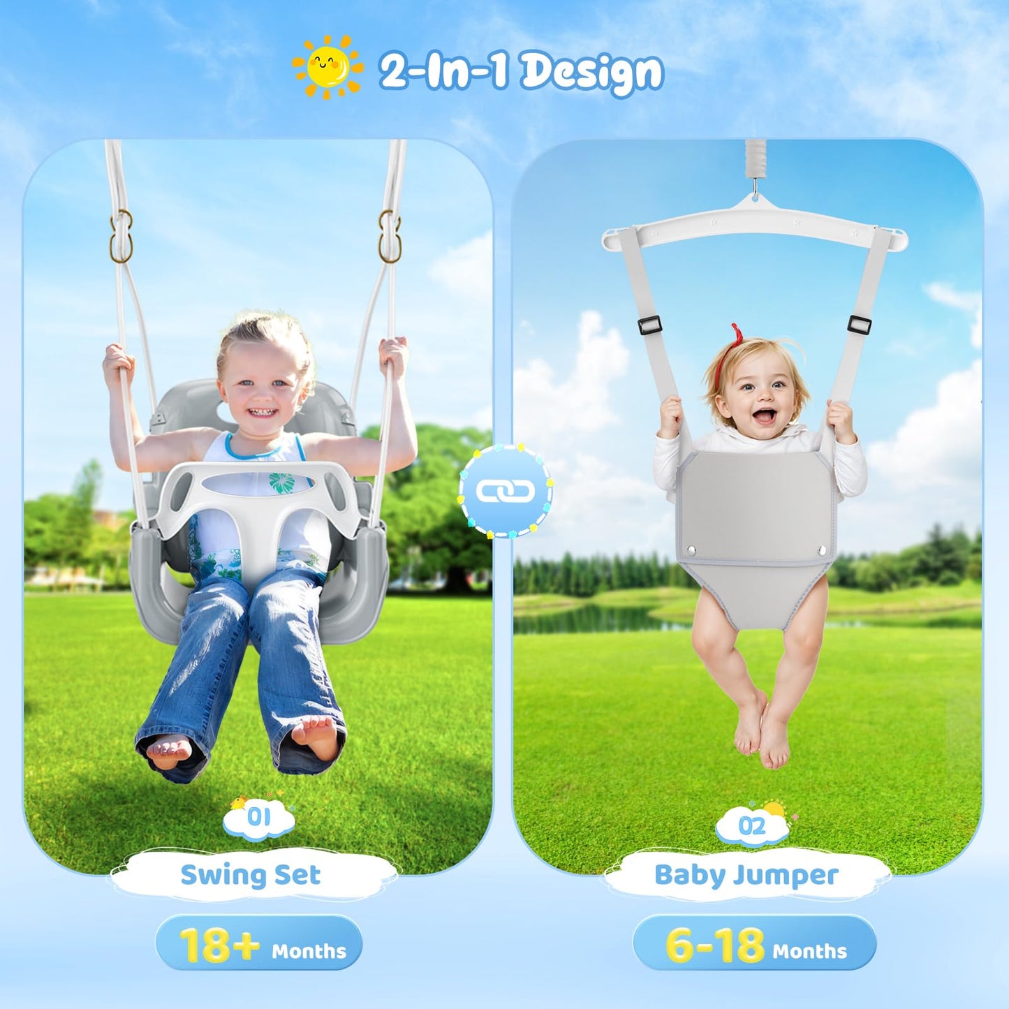 4 in 1 Toddler Swing Set, Kids Swing with Folding Metal Frame Stand, Safety Belt, for Baby In & Outdoor, Garden Playground Set, Swing Sets for backyard (White)