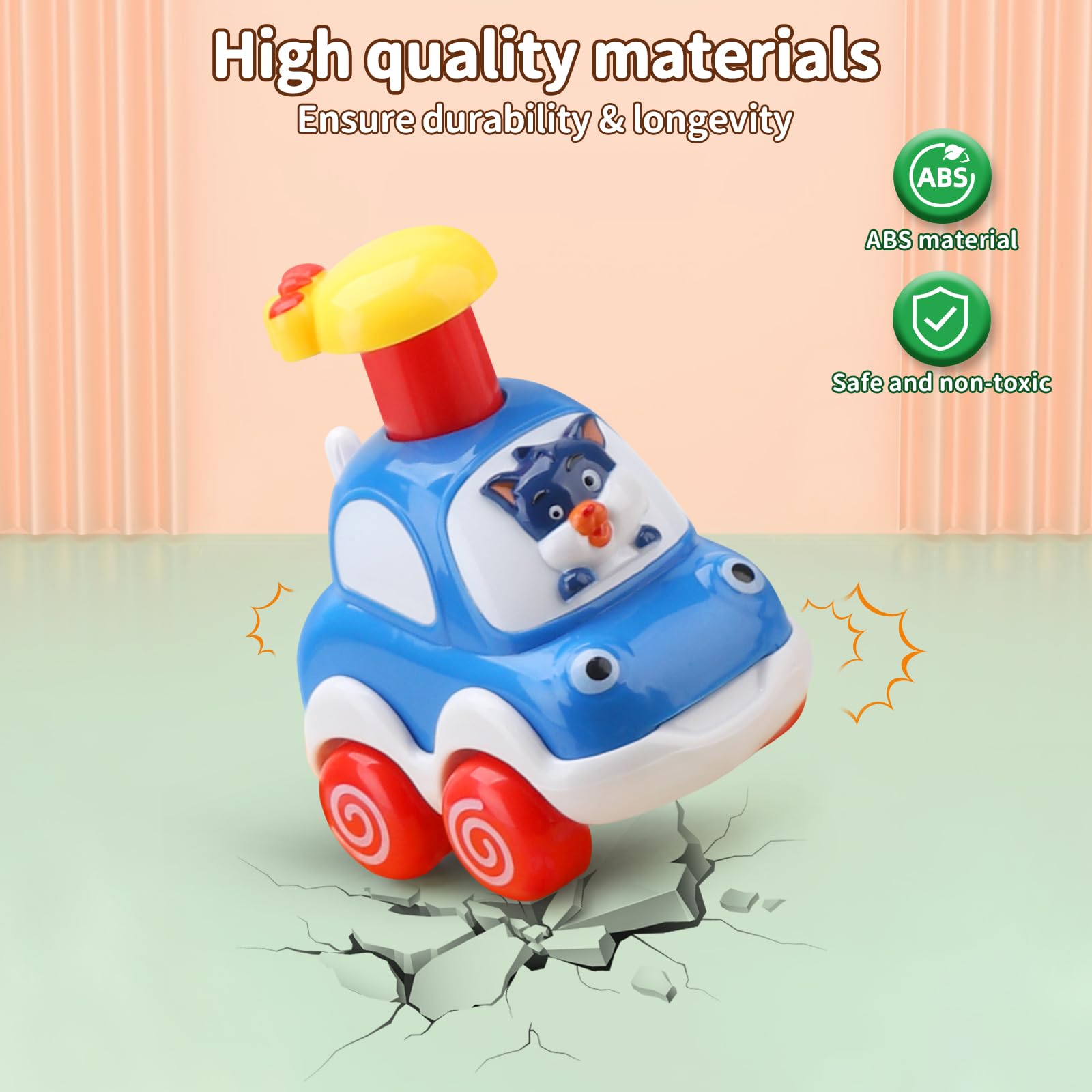 Four colorful Amy & Benton press-and-go baby toy cars for 1-2 year olds, perfect gifts for young boys, shown in the image.