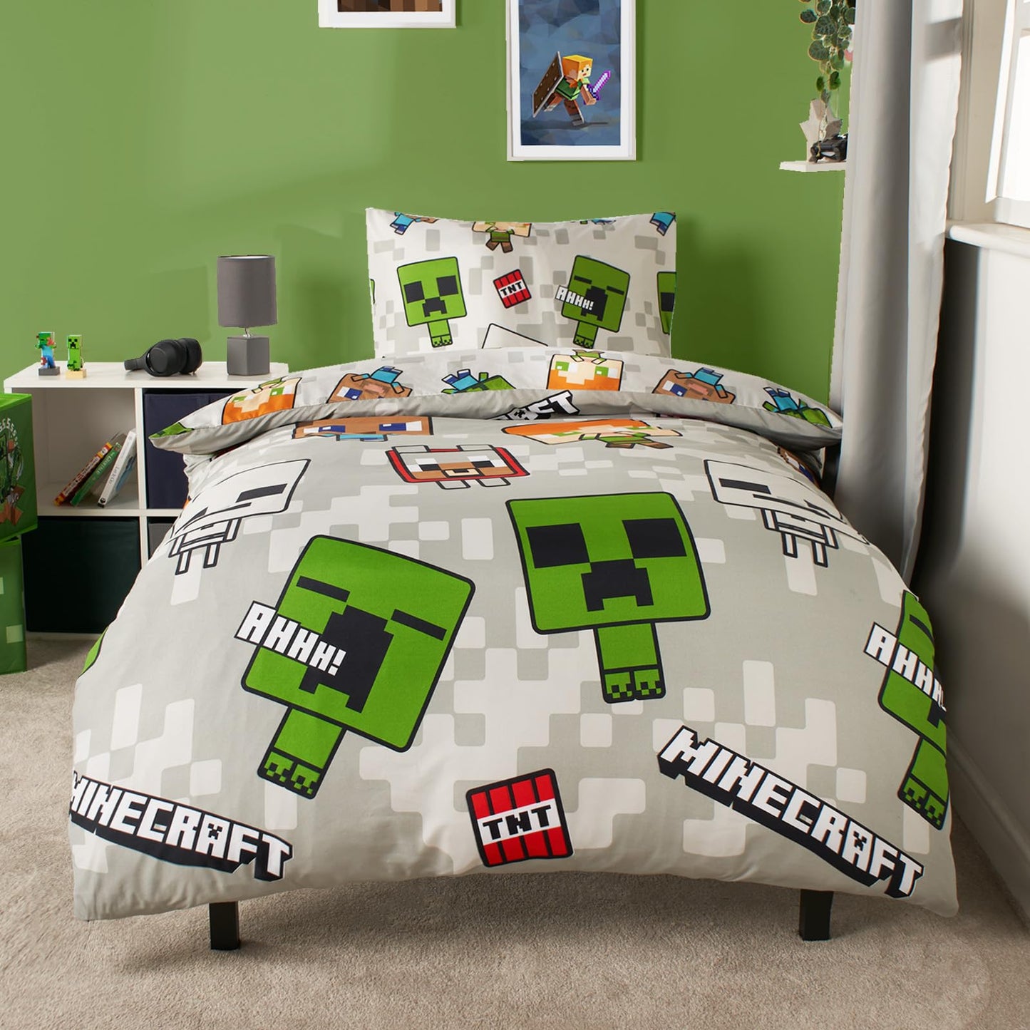 Minecraft Bedding Single, Bedroom Accessories for Boys Duvet Sets for Single Bed Duvet Reversible Characters A Minecraft Movie Gifts, Grey