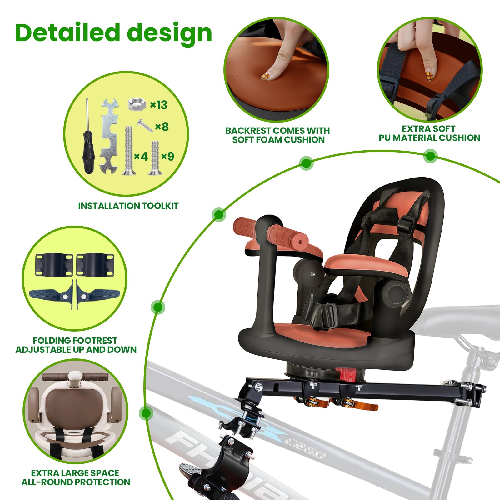 Auvstar kids bike seat mounted on mountain bike, showing a safe, comfortable, front-facing child seat with 360° rotation for ages 1-3.