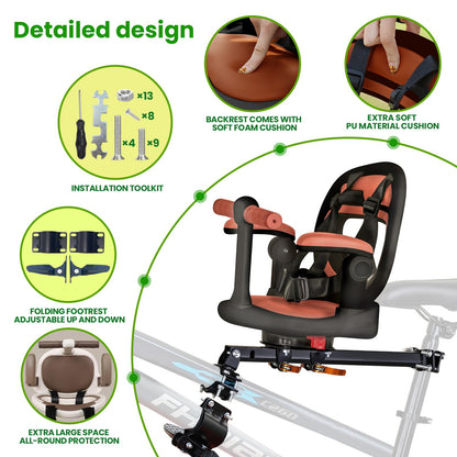 Auvstar kids bike seat mounted on mountain bike, showing a safe, comfortable, front-facing child seat with 360° rotation for ages 1-3.