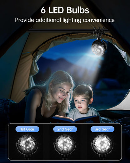 Black Bearwind mini portable pram fan with clip, digital display, night light, 4 speeds, and 360° rotation for strollers and car seats.