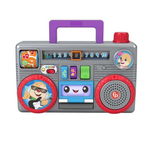 Fisher-Price Laugh & Learn Busy Boombox infant toy with colorful buttons, musical features, and learning content for babies and toddlers.