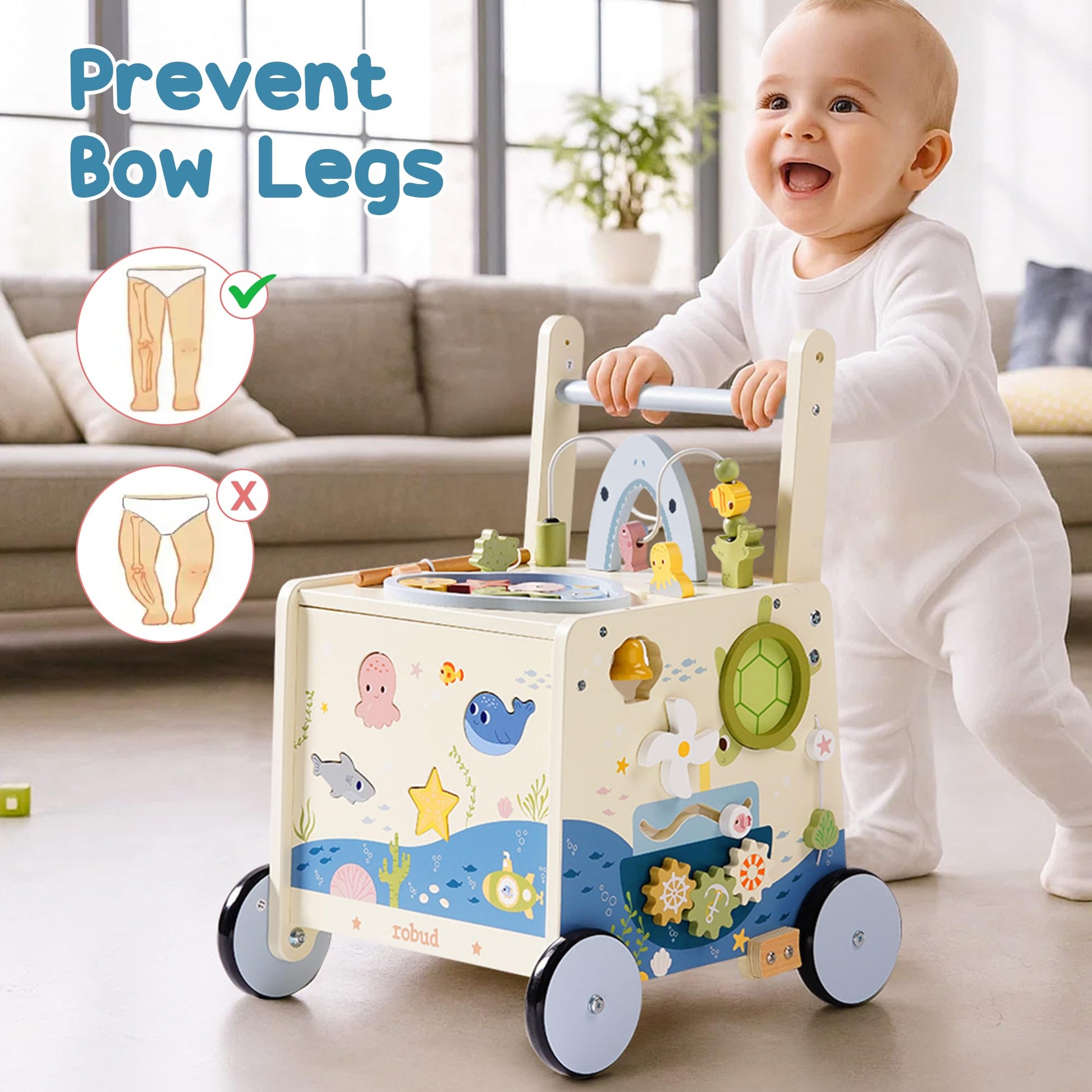 ROBUD wooden baby walker with adjustable height, magnetic fishing rod, activity center, and underwater theme for toddlers 10-36 months.