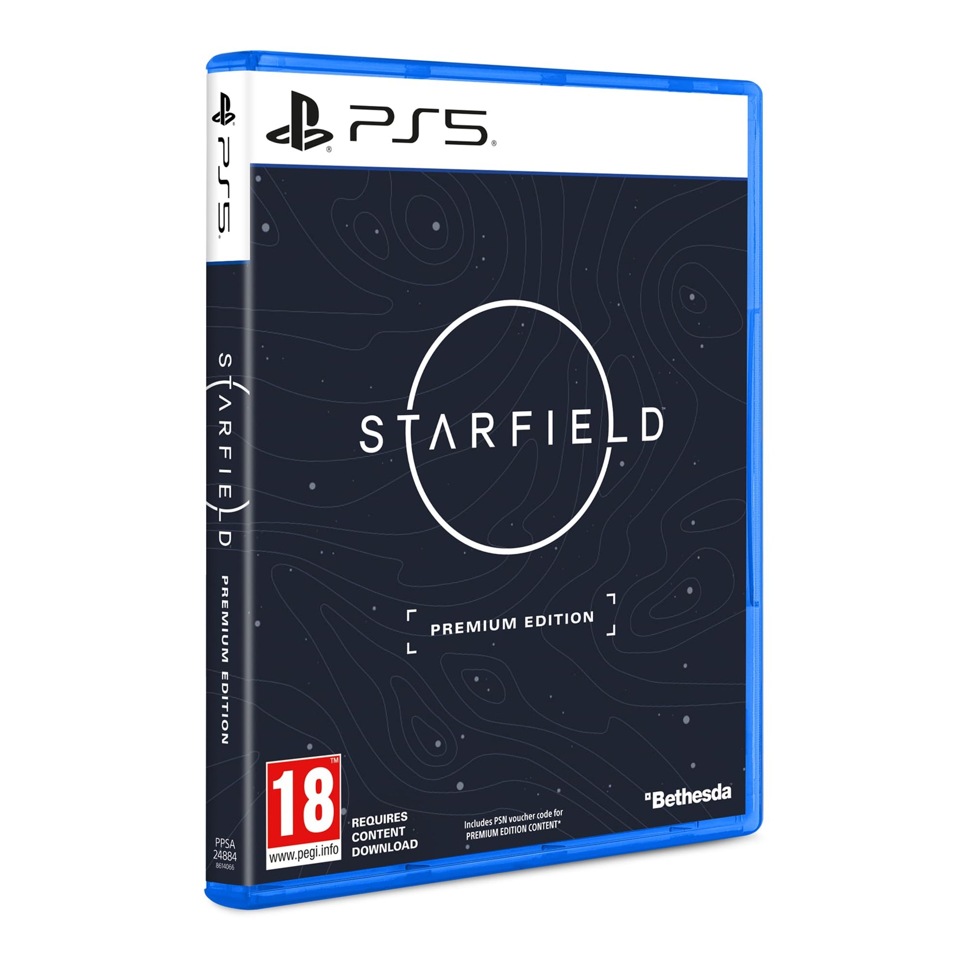 Starfield™ Premium Edition for PlayStation 5 showing game case and artwork, with branding and futuristic design elements.