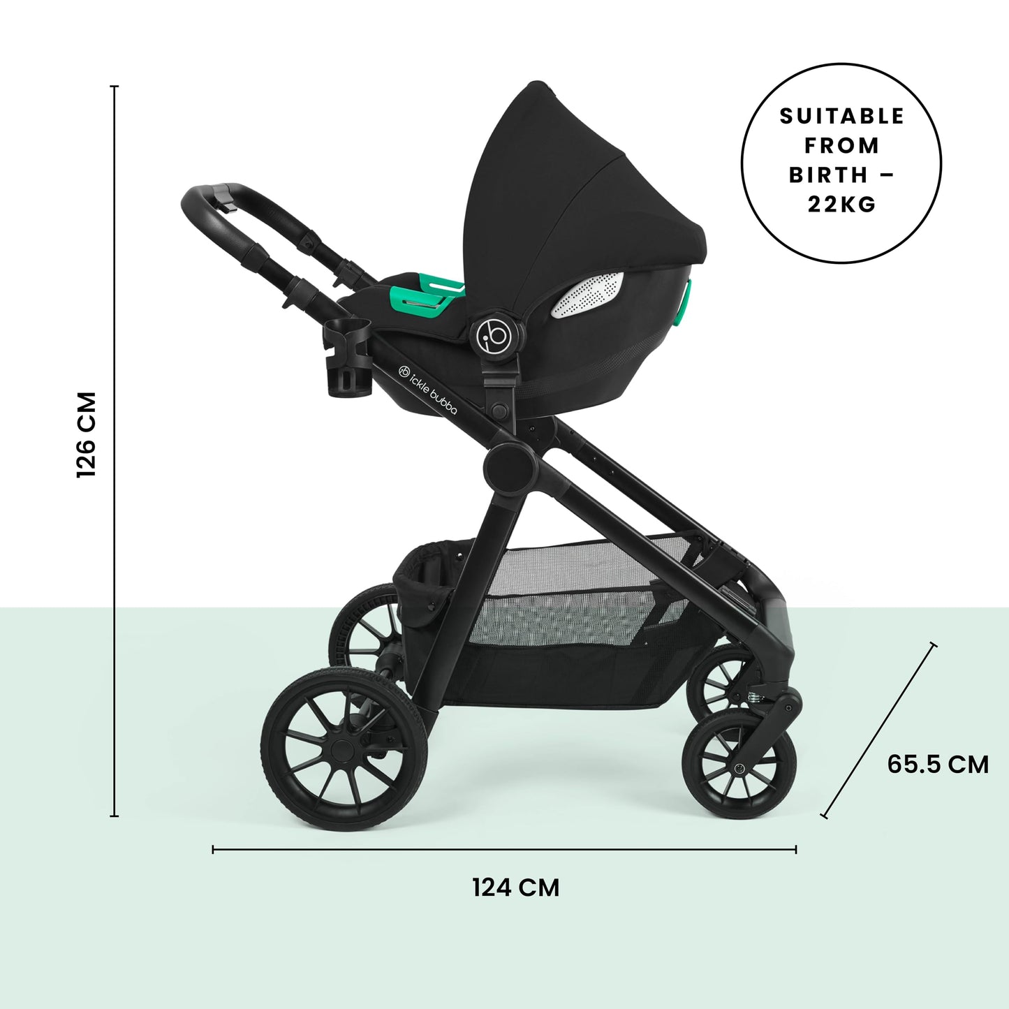 Ickle Bubba Virgo Growing Family 11 Piece Pram – Single to Double Tandem Pushchair with Carrycot, Footmuffs, Rain Covers & Accessories, Suitable from Birth (Stone)